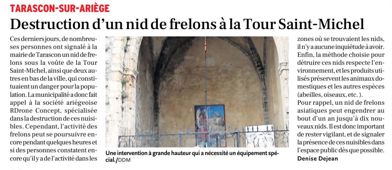 Article de La Dépêche du Midi sur la destruction d'un nid de frelons par RDrone Concept à la Tour Saint-Michel de Tarascon-sur-Ariège.