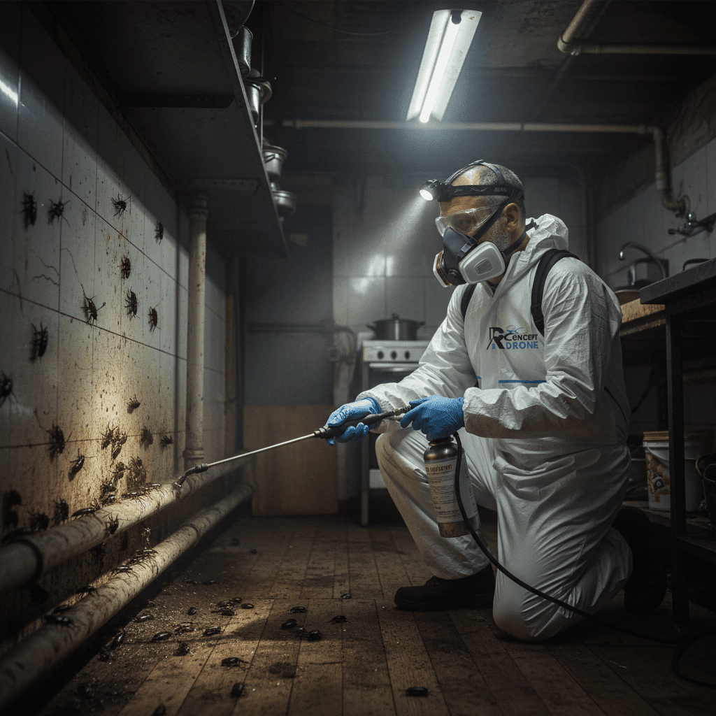 Application d'un traitement insecticide professionnel par pulvérisation pour l'extermination de blattes et cafards par l'entreprise RDrone Concept en Ariège.