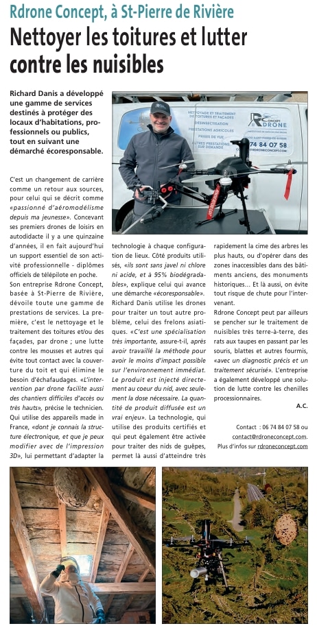 Article du journal La Gazette présentant l'entreprise RDrone Concept, spécialiste du nettoyage de toiture par drone et de la gestion des nuisibles en Ariège.